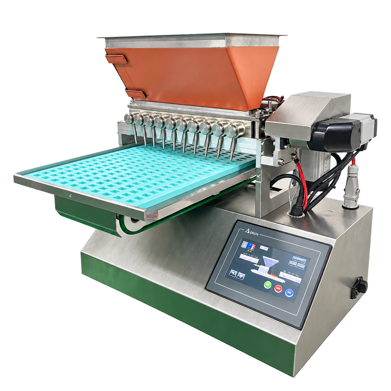 GPE9 tabletop gummy depositor with heated hopper, ten nozzles and HMI controls
